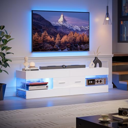 Bestier TV Stand for 55/60/65 Inch TV, High Gloss Modern TV Stand with Stone-Patterned Side Panels, LED Entertainment Center with Large Drawer, TV Consoles for Living Room, Bedroom (Glossy White)