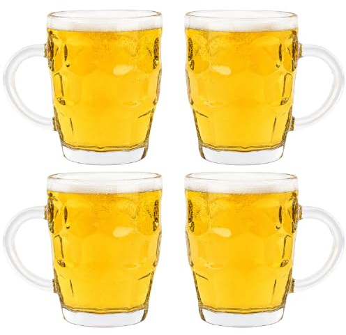 Traditional Dimpled Beer Glasses 540ml Set of 4 Old Fashioned Beer Mug | Ale Tankard Pint Glasses, Glassware for Lager, Cider, Cocktails, Juice - Home Bar Pub Style Serving, Garden Bar, Parties