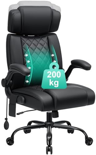 HOFFREE Bürostuhl Ergonomischer mit Lendenstütze,Verstellbare Kopfstütze | PU-Leder Chefsessel 200kg mit Hochklappbare Armlehnen Hoher Rückenlehne Computerstuhl ,Schwarz