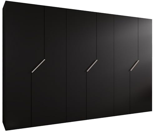 MEBLE KRYSPOL - Kleiderschrank - Garderobenschrank - 300 cm x 202 x 52 cm - Schrank mit Kleiderstange, 6 Türen - für Schlafzimmer, Flur - Andrew, Schwarz, Griff Kaschmir