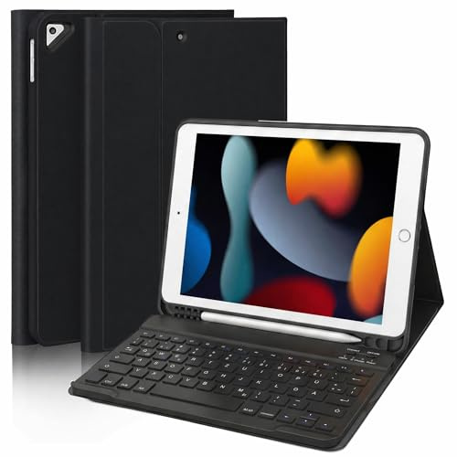WALWALO Hülle mit Tastatur für iPad 9 Generation, Passend für die 8/7 | QWERTZ, Magnetische Abnehmbar Bluetooth Keyboard, Soft TPU Rückseite Gehäuse mit Stifthalter