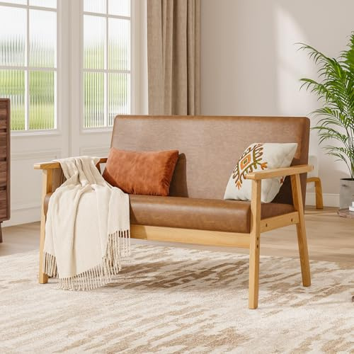 Dripex Sofa 2 Sitzer, Couch Modern und Skandinavisch, Loungesofa aus Holz und Kunstleder, Polstersofa Sitzmöbel für Wohnzimmer Schlafzimmer Büro, Vintagebraun, 107x60x77cm