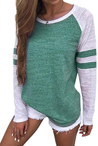 Famulily Women's Long Sleeve Baseball Tee Shirt Crew Neck Colorblock Striped Tops(Green,Small)