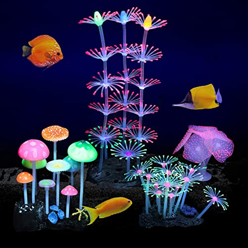 Podazz 4er Künstliche Wasserpflanzen Set - Glühende Silikon Pflanzen, Koralle, Anemone für Aquarium Dekoration - Landschaft Pilz (4-teilig)