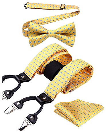 HISDERN Gelb Hosenträger und Fliege Set Herren Blumen Paisley Einstecktuch Y Style hosenträger mit 6 Clips Einstellbar für Hochzeit Anzug