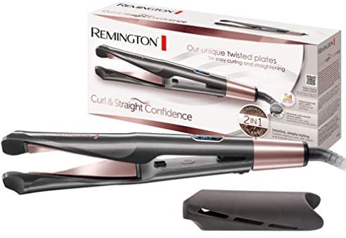 Remington Plancha de Pelo Curl & Straight Confidence, Placas en Espiral, 2 en 1 Alisa y Riza, Óptimo para Ondas, Cerámica, 5 Temperaturas hasta 230°C, Digital, Gris, S6606B