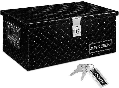 ARKSEN 20 Aluminum Diamond Plate Tool Box Chest Box Pick Up Truck Bed RV Trailer Toolbox Storage With Side Handle And Lock Keys, Black