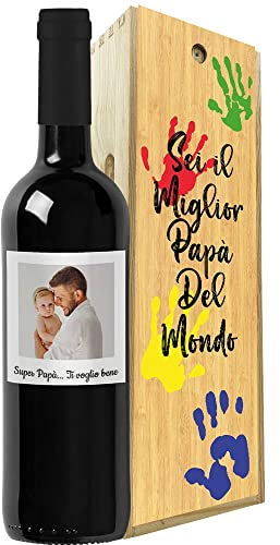 Regalo festa del papà - Bottiglia personalizzata e cassa legno - Personalizzato per lui, Idea regalo uomo, festa del Nonno, compleanno papà (Mani, Foto e dedica)