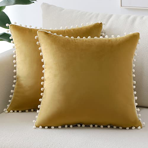 Sungeek 2er Set Samt Kissenbezüge, Dekorativ Zierkissenbezüge Weich Kissenbezug Pompon Dekokissen Sofakissen Couchkissen Deko Bezug Kissenhülle für Sofa Schlafzimmer Wohnzimmer (40x40 cm, Gold)