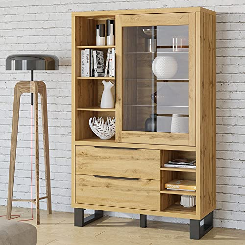 Lomadox Vitrine mit 1 Tür und 2 Schubkästen in Wotan Eiche Nb., B/H/T ca. 120/190/45 cm