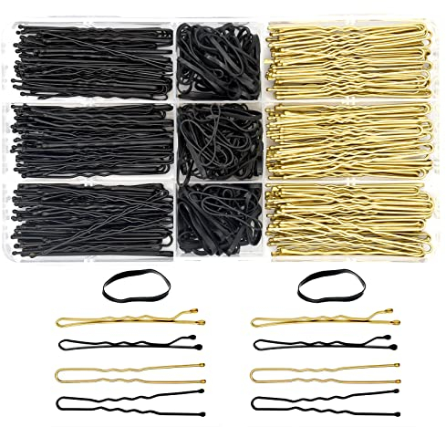 Bailinks 300pcs haarnadeln Kit, Haarspangen und schwarze elastische Gummibänder Haar, französische Haarnadel Blond und schwarz, Bobby Pins und Haare Gummibänder mit Aufbewahrungsbox