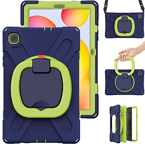 Bspring Hülle für Galaxy Tab S6 Lite 2022/2020 10.4 Zoll Robuste Stoßfeste Schutzhülle aus Silikon Case für Tab S6 Lite 10,4 Zoll mit Stifthalter/Drehbarer Ständer/Schultergurt,Marineblau+Limette