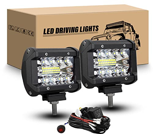 RIGIDON 2 x Phare de travail led avec 12V Faisceau Kit, 4 pouces 10 cm 60W | Etanche Spot Flood Feu antibrouillard, Feux travail led pour 4x4 Offroad Véhicules Voiture Tracteur Camion SUV ATV, 6000K