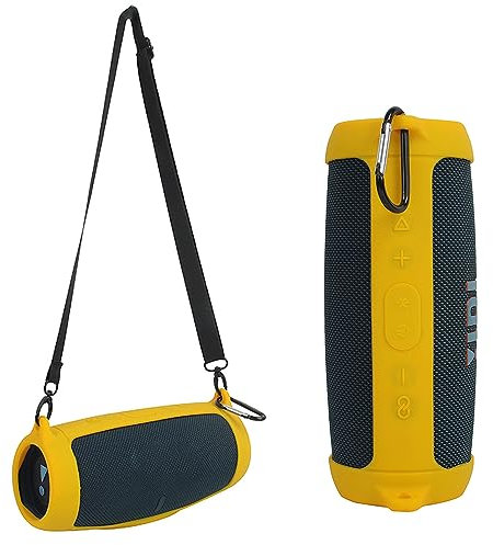 Silicone Case Cover for JBL Charge 5 Bluetooth Speaker, Portable Travel Carrying Protective Sleeve Skin Case with Shoulder Strap and Carabiner (Yellow)