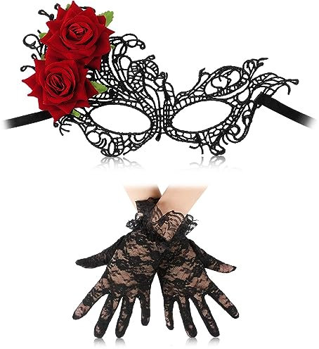 Aoriher Tag der Toten Spitzenhandschuhe und Filigran Augenmaske Kurze Schwarze Fischnetz Handschuhe Spitzenmaske für Erwachsene Damen Halloween Mexikanischer Opernball Cosplay Maskerade Kostüm