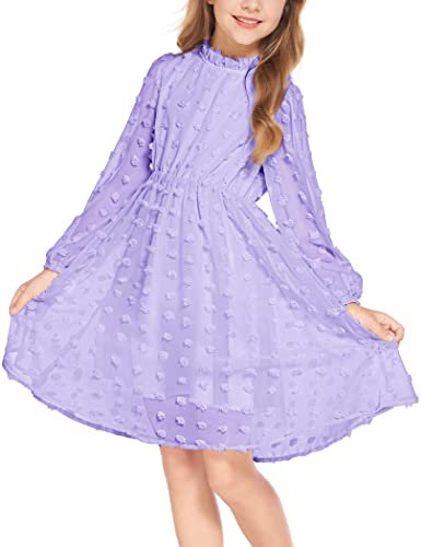 Arshiner Abito Ragazze 5-13 Anni Bambini Chiffon Maniche Lunghe Abito Casual Abito da Festa Matrimonio Festivo Linea A Collo Rotondo Abito Viola 130