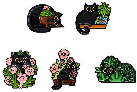 Schwarze Katze Brosche Botanische Brosche Katzen versteckt in Topfpflanzen Emaille Anstecker Set Cartoon Tier Abzeichen Anstecker Nette schwarze Katze Anstecker für Frauen Kinder für Taschen Kleidung