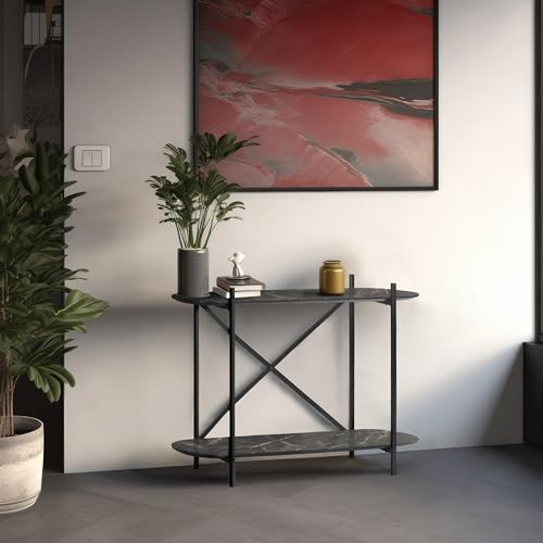 Wohnando Konsolentisch schwarz Athena 100x33x76cm, Sideboard Wohnzimmer mit Mamor Optik, Beistelltisch schmal, Flur und Vorzimmer, Schwarze Metallbeine