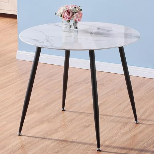 GOLDFAN Ronde Table Salle Manger de Cuisine Marbre Table de Salon 80cm Petite Table à Manger Blanche Table en Verre Moderne Table Cuisine 2-4 Personnes,Blanc&Marbre
