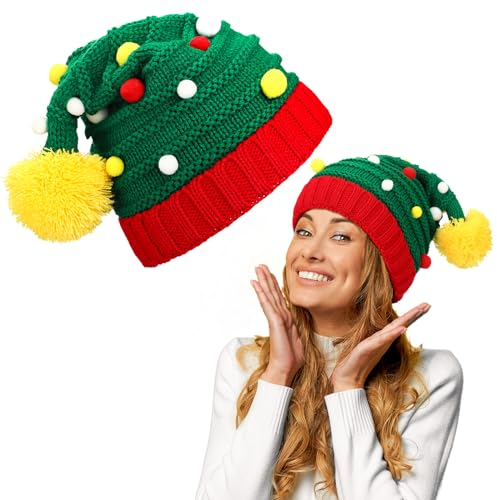 SATINIOR Weihnachten Mütze Elfenhut Weihnachtsmütze für Herren Damen Winter Weihnachtshut Gestrickte Warme Bommelmütze (Niedlich)