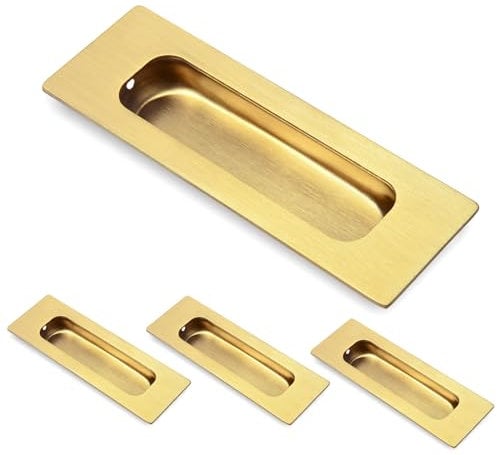 HOMOTEK 4 Pack 120mm Flush Sliding Closet Door Pulls, Recessed Finger Pulls for Sliding Barn Bypass Door Handles, Cabinet Drawer Rectangular Invisible Pull- Small Size 4.75 in, Brushed Gold
