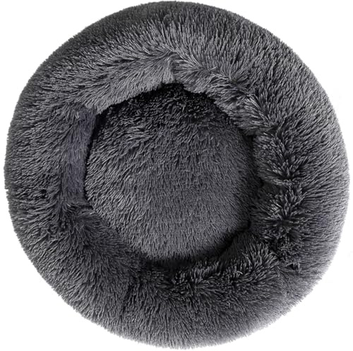 Fhodigogo Cat Beds for Indoor Cats, Round Calming Small Dog Bed, Dark Grey | Anti-Anxiety, Soft Plush Non-Slip Bottom Washable Kitten Sofa Pillow Puppy Bed Soft Warm Cozy for Small Pets Up to 3Kg
