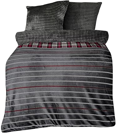 one-home Winter Bettwäsche Teddy Plüsch Nicki Flauschig Kuschelig Warm Weich Soft Fleece, Größe:4 teilig 135x200 cm, Farbe:Gestreift Streifen anthrazit rot