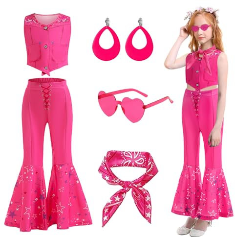 Costume da ragazza travestimento da cowgirl Rosa bambini costume hippie da discoteca degli anni 70 e 80 con sciarpa occhiali orecchini per costume Halloween carnevale compleanno 10-11 anni,140