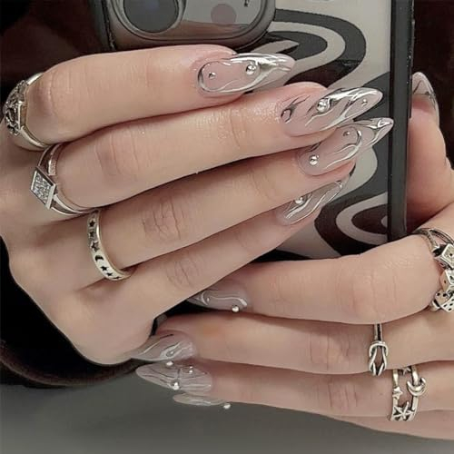 JUSTOTRY Lot de 24 faux ongles courts en forme d'amande, tourbillon, argent - À coller - Avec perles - Rose brillant - Ovales - Pour femme