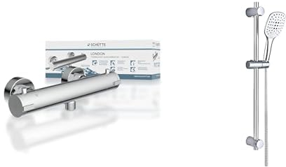 SCHÜTTE 52465 LONDON Thermostat Duscharmatur & JOHO Duschsystem Duschset Duschbrause mit Schlauch und Halterung, Brausestangeset 0.7m Duschstange mit Duschkopfhalter und Handbrauseschlauch