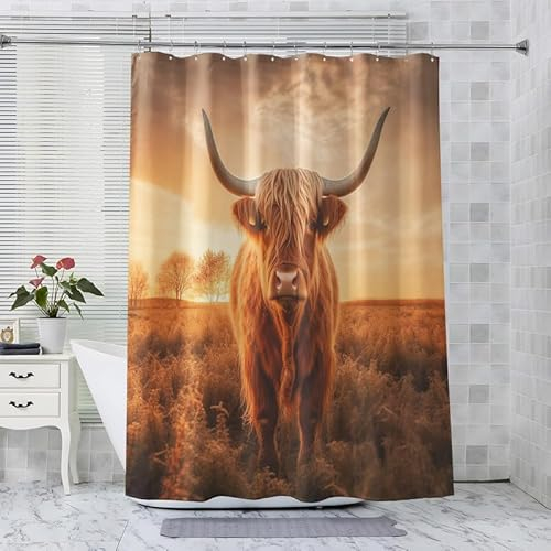 ADEIRO Duschvorhang 180x200, Duschvorhang Highland Cow, Duschvorhang Tier mit 12 Plastik Haken, Badevorhang Waschbar Textil Shower Curtains für Dusche und Badewanne
