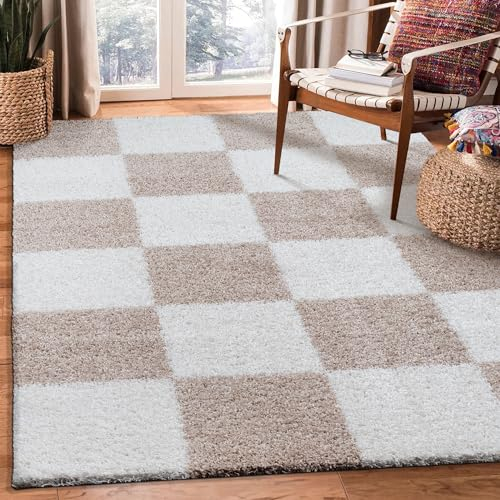 SANAT Milano Shaggy Teppich - Hochflor Teppiche für Wohnzimmer, Schlafzimmer, Küche - Beige Weiss, Größe: 80 x 200 cm