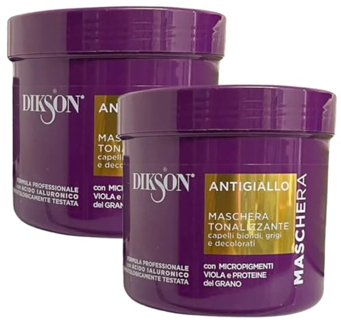 Maschera ANTIGIALLO, Tonalizzante, Per Capelli Biondi, Grigi e Decolorati. Con Micropigmenti Viola e Proteine Del Grano. Formula Professionale Con Acido Ialuronico 500ml (2 Barattoli)