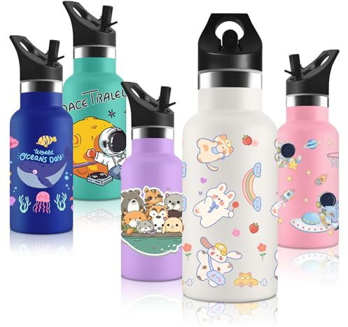 Vikaster Botella agua Acero Inoxidable con Tapa de Popote y asa, Sin BPA,Botella Termica 350ml, Botella Agua Niños Reutilizable, para Adultos, Niños, Escuela, Ciclismo, Gym, Deportiva
