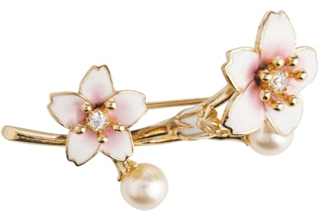 Grossé Broche - Sakura - Couleur Or - Fleur de cerisier - Perle - Blanc - Zirconia - Plaqué or - Feuilles d'émail - GJ30441