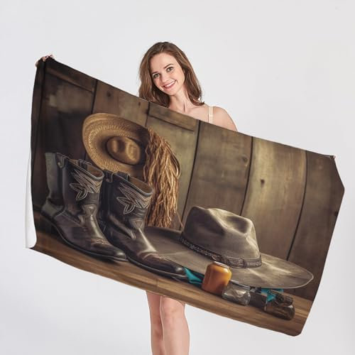QEODAH Strandtuch Cowboy - Vintage Western Badetuch Groß 100x200 - Schnelltrocknend & Ultraleicht & Sandfreie Strandhandtuch, Weich Mikrofaser Handtücher, Pflegeleicht Badetücher Handtuch