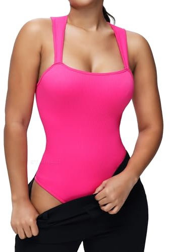 STARBILD Body Donna Collo Quadrato Senza Maniche Modellante, Bodysuit Tanga Shaper Sexy a Costine Canotte, Scollatura Squadrata - Rosa S