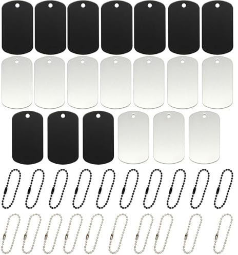 Allazone 20 Stück Stanzrohlinge Aluminium, Stanzrohlinge Tags, Hundemarke Anhänger Tag Gravurrohlinge Tags mit Kette für Nummernschild, Hundemarke, Anhänger Dekoration