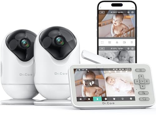 Dr.Care VistaView Lite Smart WiFi Baby Monitor with 2 Cameras- 4” 720P Split Screen & 1080P Camera App Control, Motion Alerts, Night Vision, 3000mAh Battery, 2-Way Talk, Triple Security, 1000ft Range