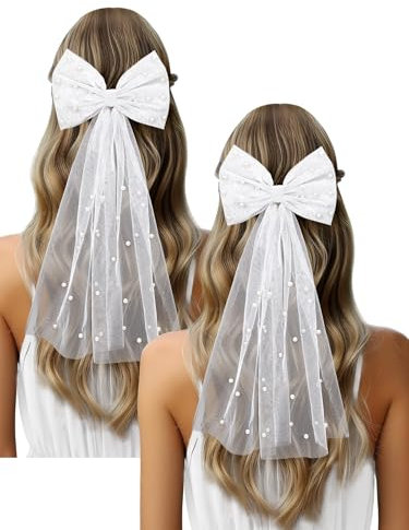 BOARDFEB Schleier Braut, 2 Stück Weißer Perlen Schleier mit Hochzeiten Brautjungfern Kurze Schleier Tüll Braut Haare Accessoires für Frauen Mädchen Party Dekorationen