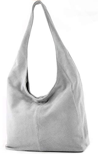 modamoda de T150 Damen Schultertasche Shopper Large aus Wildleder handmade in Italy, Farbe:Hellgrau