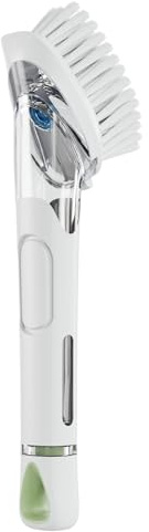 RIMAY Soap Dispensing Dish Brush Dish Scrubber with Soap Dispenser Handle | Dish Soap Brush and Dish Wand Heavy Duty Kitchen Cleaning Scraper Non-Scratch Scrubs Dishes, Pans, Sink, and Pots, White