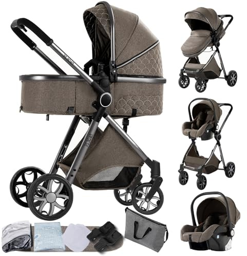 3 in 1 Kinderwagen,kinderwagen set,verstellbarem Verdeck und Aluminiumrahmen(Braun)