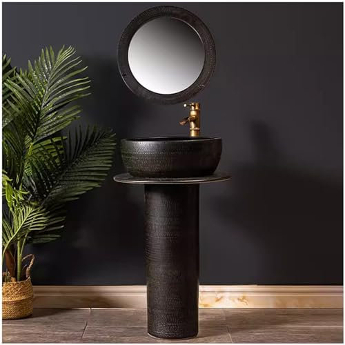 SdaryWare Lavandino con piedistallo Indipendente, lavabo Artistico per Bagno, lavabo in Ceramica Antica, lavabo Rotondo, lavabo con piedistallo, lavabo Grigio Cement,B-with Mirror