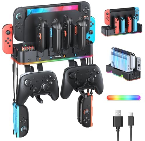 FASTSNAIL RGB-Wandhalterung & Ladestation für Nintendo Switch 2/1/OLED | 15 RGB-Modi, 10 Kartenfächer, Lädt 6 Joycon 2/1 & 2 Pro Controller, Wand/ Tisch, LED‑Status, 4 USB-Anschlüsse, Platzsparend
