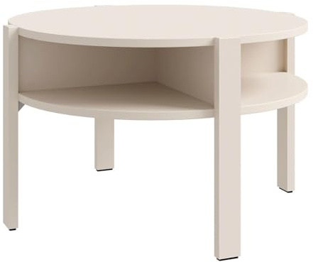 Forte Tobago Couchtisch 80, moderner, runder Sofatisch mit 4 Fächern unter der Tischplatte, Holzwerkstoff, Kaschmir Beige, 74,4 cm breit x 45,5 cm hoch x 74,4 cm tief