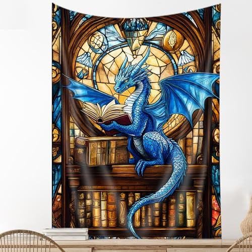 Wandteppich mit blauem Buch, Drachenkunst, Vintage, mittelalterlicher Drache, Lesebücher, Wanddekoration, Bücherregal, Buntglas, Fenster, Wandbehang für Klassenzimmer, Zuhause, Schlafzimmer