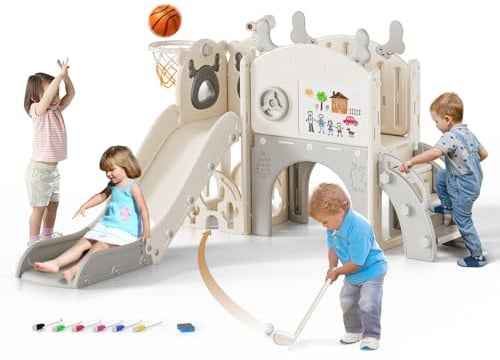 10 in 1 Elk theme Children's Slide for 1-3 Years, Baby Slide with a variety of toys such as children's golf sets, basketball stands, drawing boards, etc, Toddler Slide