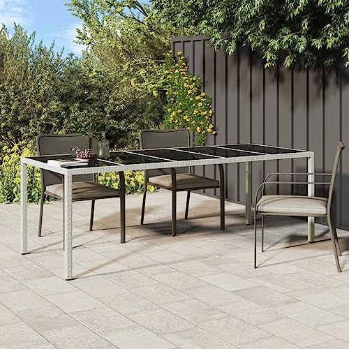 QUAHEAS Gartentisch Weiß 250x100x75 cm, Poly Rattan, Hartglas-Tischplatte, pulverbeschichteter Stahlrahmen, verstellbare Füße, wetterfest für Outdoor Patio Dining