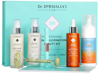 Dr. Dermaluci Lab - Geschenkset Damen/Herren BIO 460ml - Anti-Aging, Strahlend - Mousse + Vitamin C Serum + Booster + Kollagen Creme + Jade Roller + Wimpernserum - Made in Italy